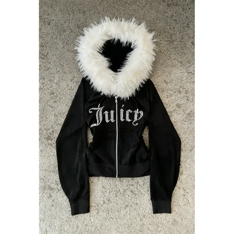 Subkulturelle Pelzkragen-Strickjacke mit Reißverschluss, Retro-Sportbekleidung, Buchstabe, Heißprägung, Freizeitjacke, Pelzkragen-Sweatshirt