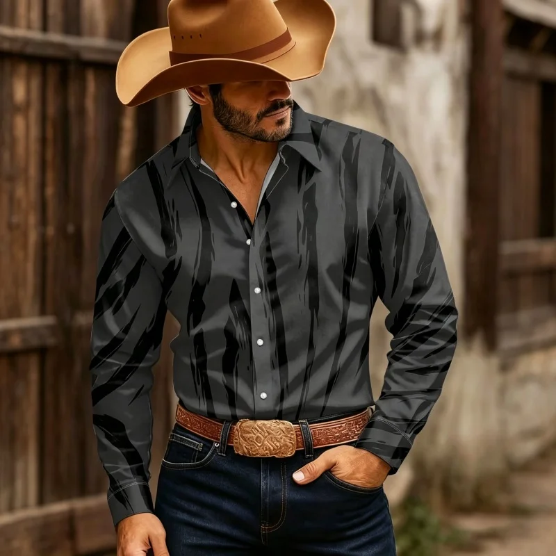Retro men's shirt, Western style men's printed shirt, long sleeved lapel casual top, trendy and personalized men's clothing