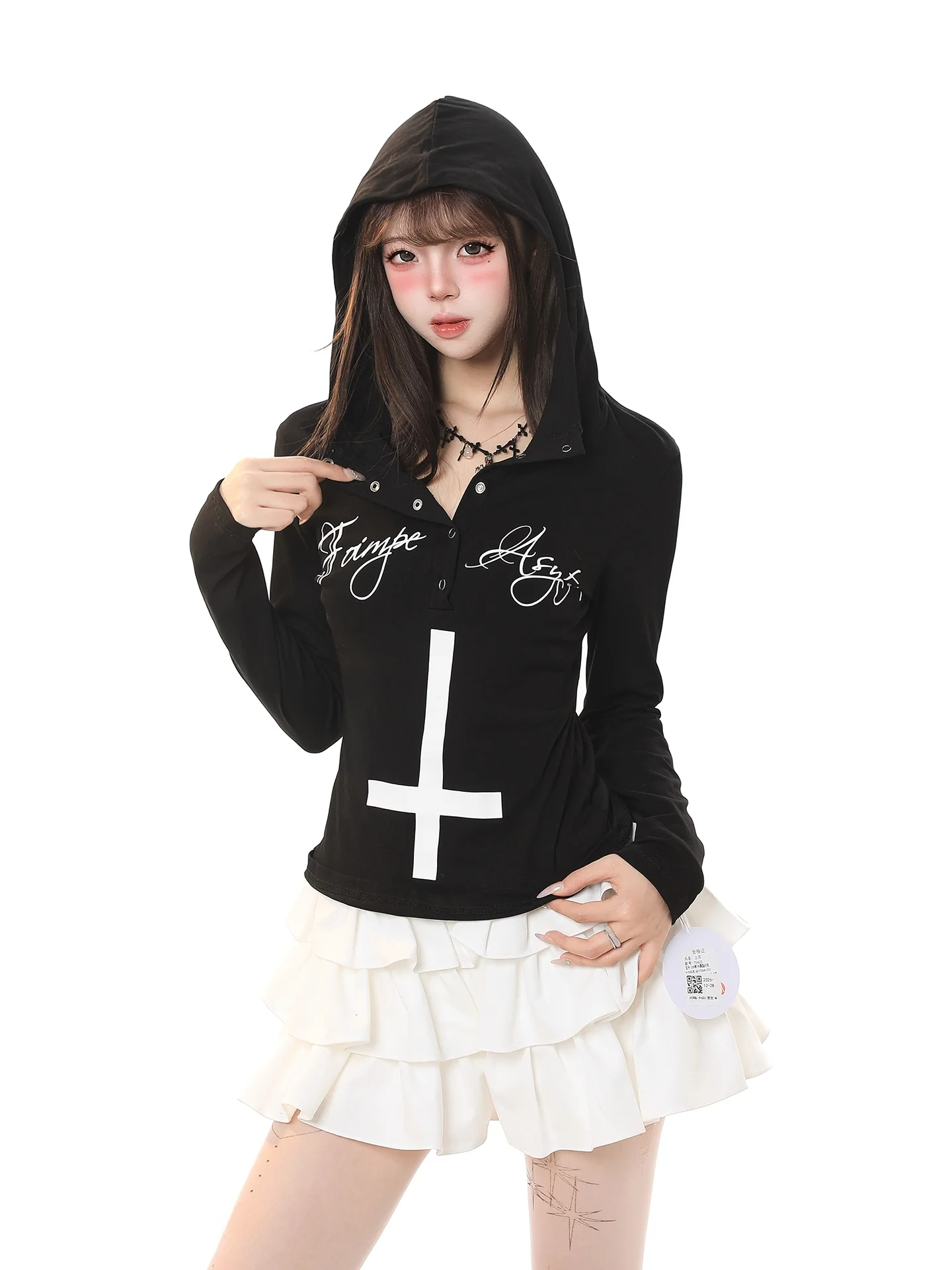 Cool Spicy Cross Letter Print Long Sleeve Women's T-shirt Spring Trendy Slim Fit Hoodie Versatile High End Feeling Top