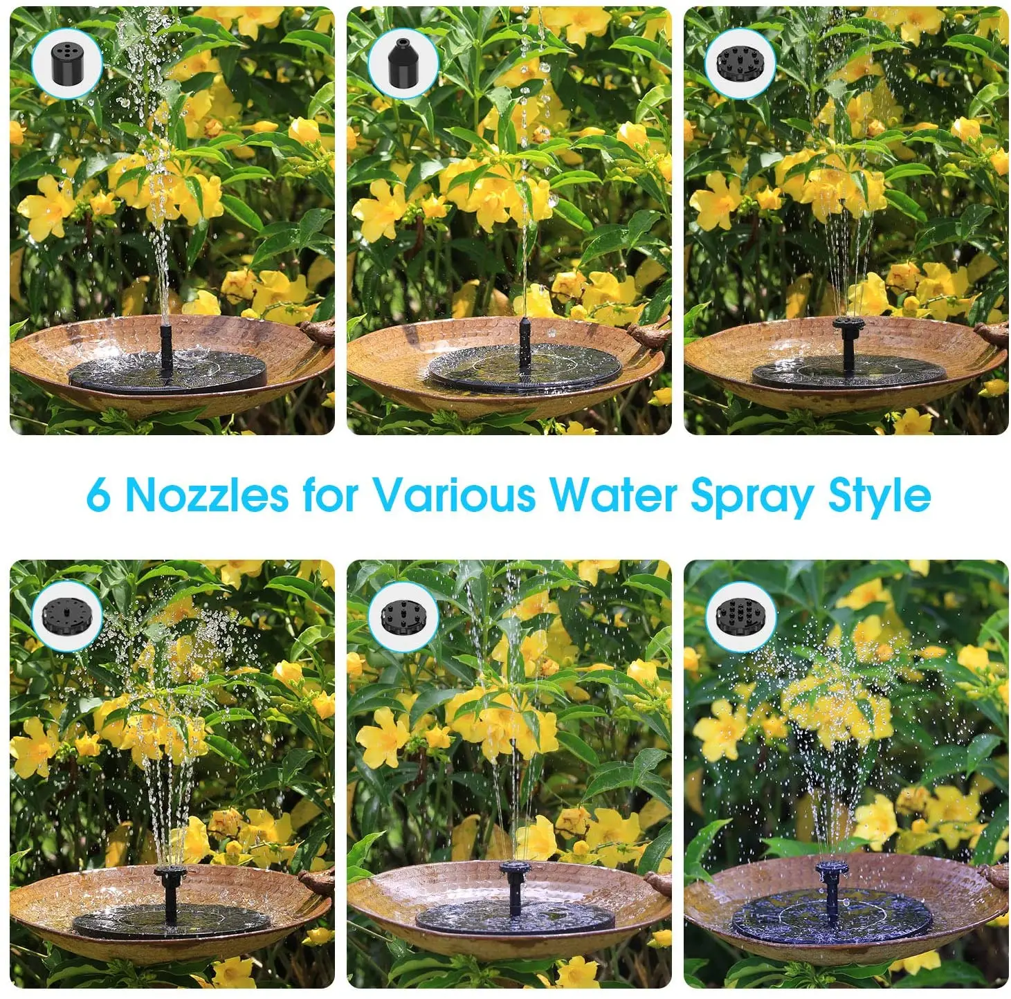 2.5W Solar Fountain Pump Solar Water Pump, AISITIN Floating Fountain with 6 Nozzles, for Bird Bath, Fish tank, Pond