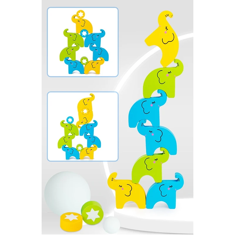 Décennie s de construction éléphant en bois pour enfants, jeu d'empilage d'équilibre, jouet de puzzle, début du dos