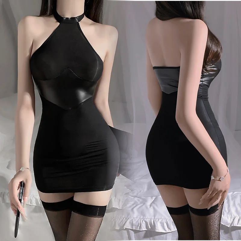 

Sexy Leather Splice See-through Secretary Dress Underwear Tempting Butt Covering Skirt Exciting Mini Dress