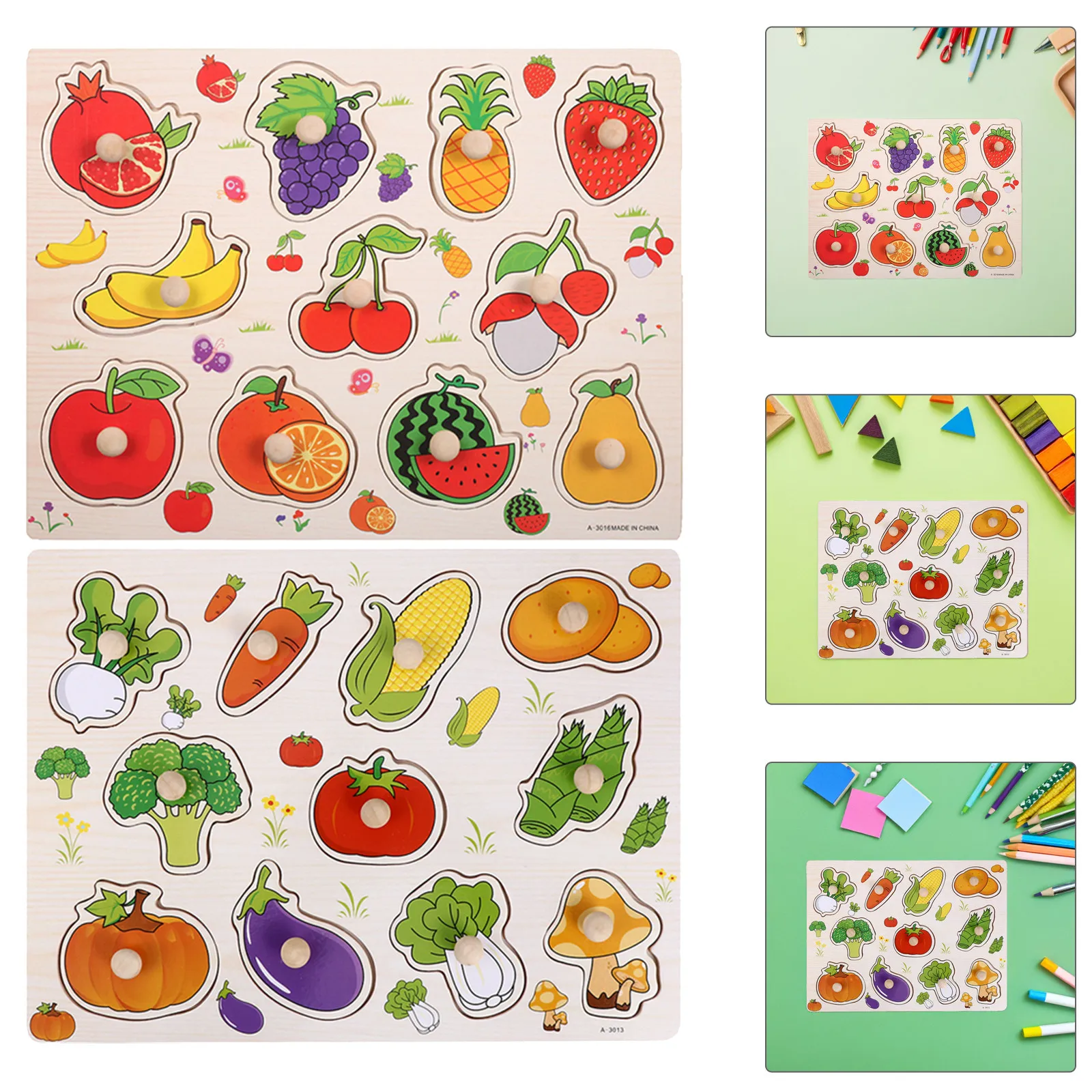 2個入り-モンテッソーリ木製果物野菜パズルセット-早期学習ペグボード-幼児教育ジグソーパズルアクティビティ