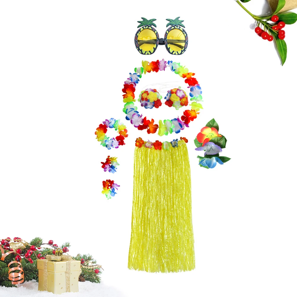 

8 шт., комплект костюмов Гавайской Хулы, танцевальная юбка с тропической травой, красочные браслеты, повязка на голову, бюстгальтер, очки, украшение для вечеринки, 60 см, желтый