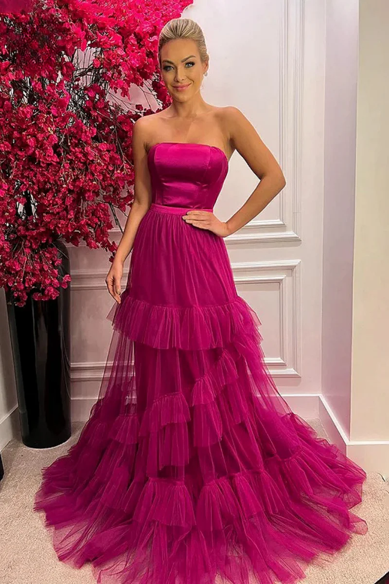 

Vintage Fuchsia Evening Dresses A-Line Sleeveless Backless Strapless Tulle Train Zipper Back Long Formal Celebrity Prom Gowns