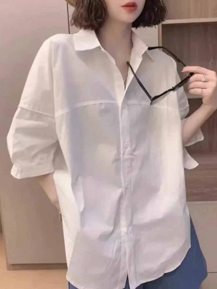 Ele Casual Biała Ochrona Przed Słońcem irt Damska Letnia Cienka Luźna Plus Size Wyszczuplająca Bluzka 7/8 irt