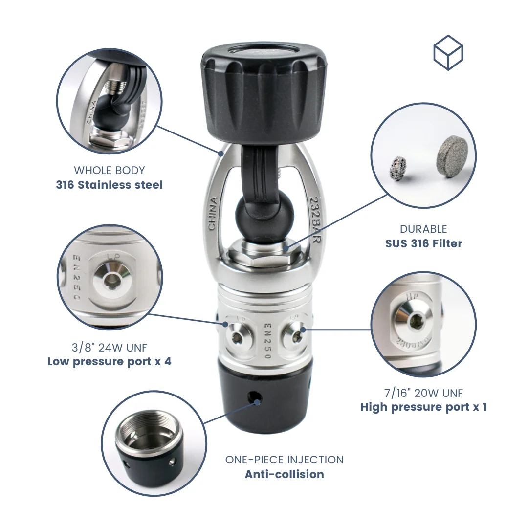 مصنع مخصص HOTDIVE S1 مكبس غير متوازن منظم المرحلة الأولى DIN/YOKE |   سوس 304 |   معدات الغوص المعتمدة من CE لمراكز الغوص