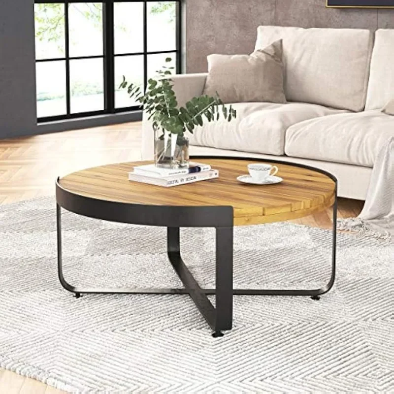 Mesa de centro de madera de Acacia Industrial moderna para exteriores, acabado de teca, negro