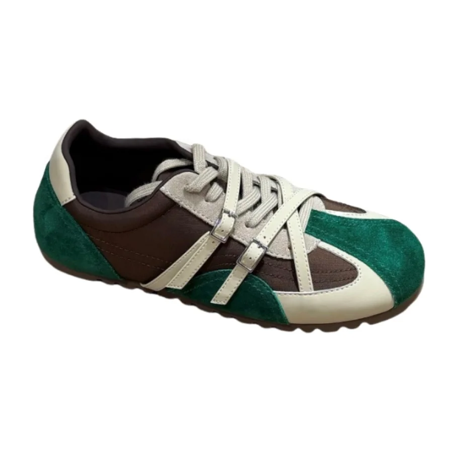 Women Color Block Suede Sneakers Buckle Strap Lace‑up Flat Shoes Ladies Retro Soft Sole Casual Walking Footwear BH0114