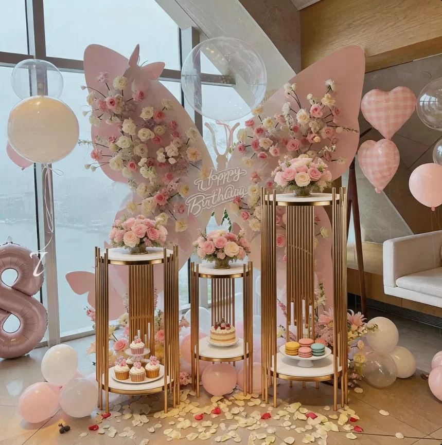 Modern Vintage Wedding Stage Decoration Round Cylindrical Iron Gold Base Cake Table Stand Party Pillar Holder
