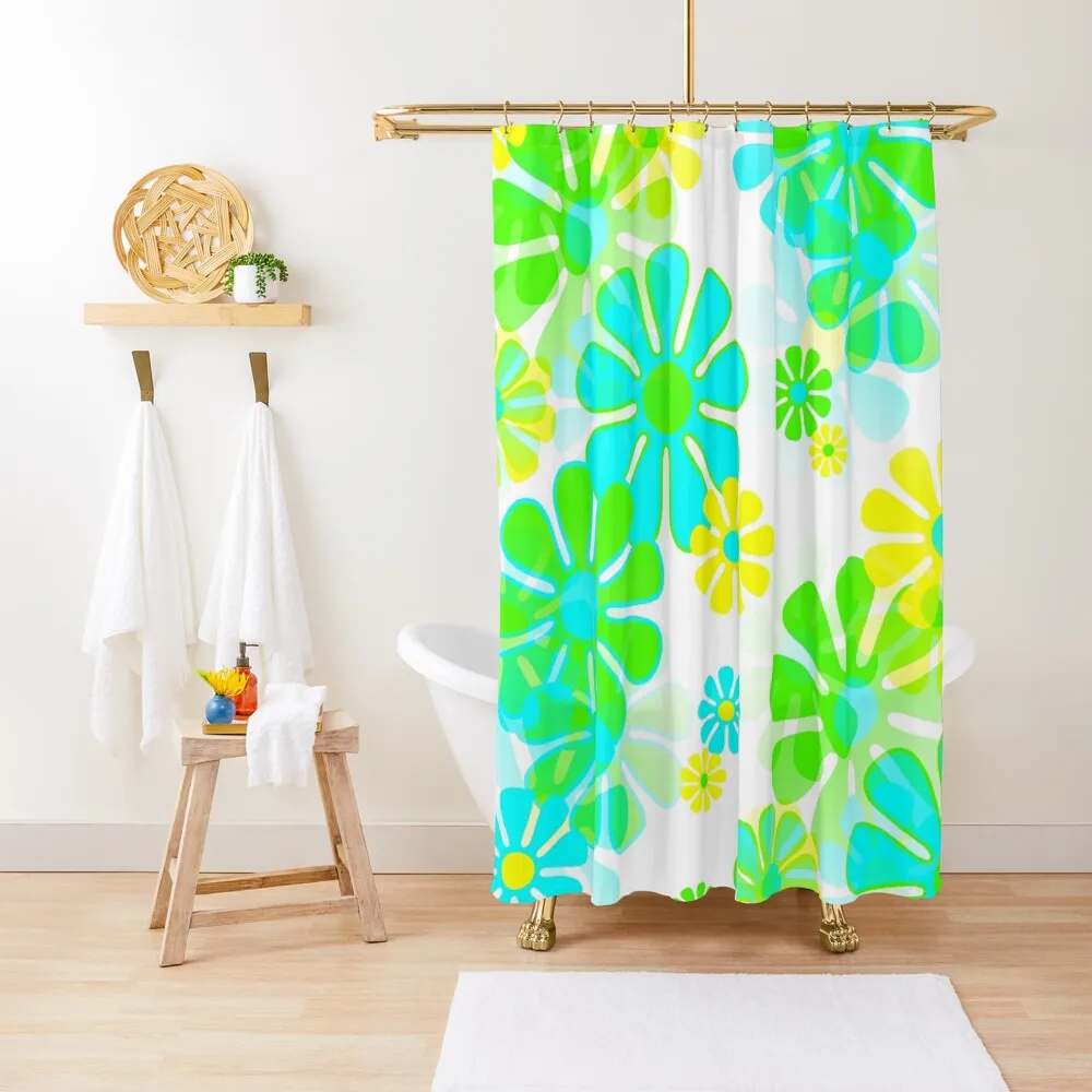 

60's Retro Groovy Mod Flowers in Blue, Green and Yellow Shower Curtain Cover Cute Shower Anime Shower Curtain