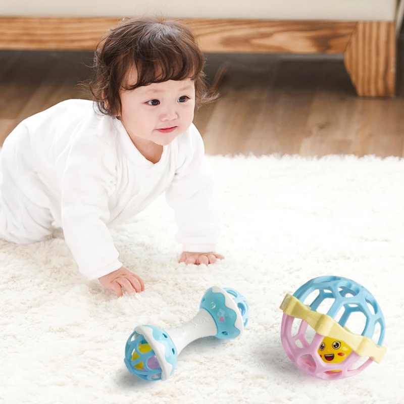 Newborn soft rubber rattle hand grasping ball early education soothing toy baby can chew teether grasping exercise rattle toy