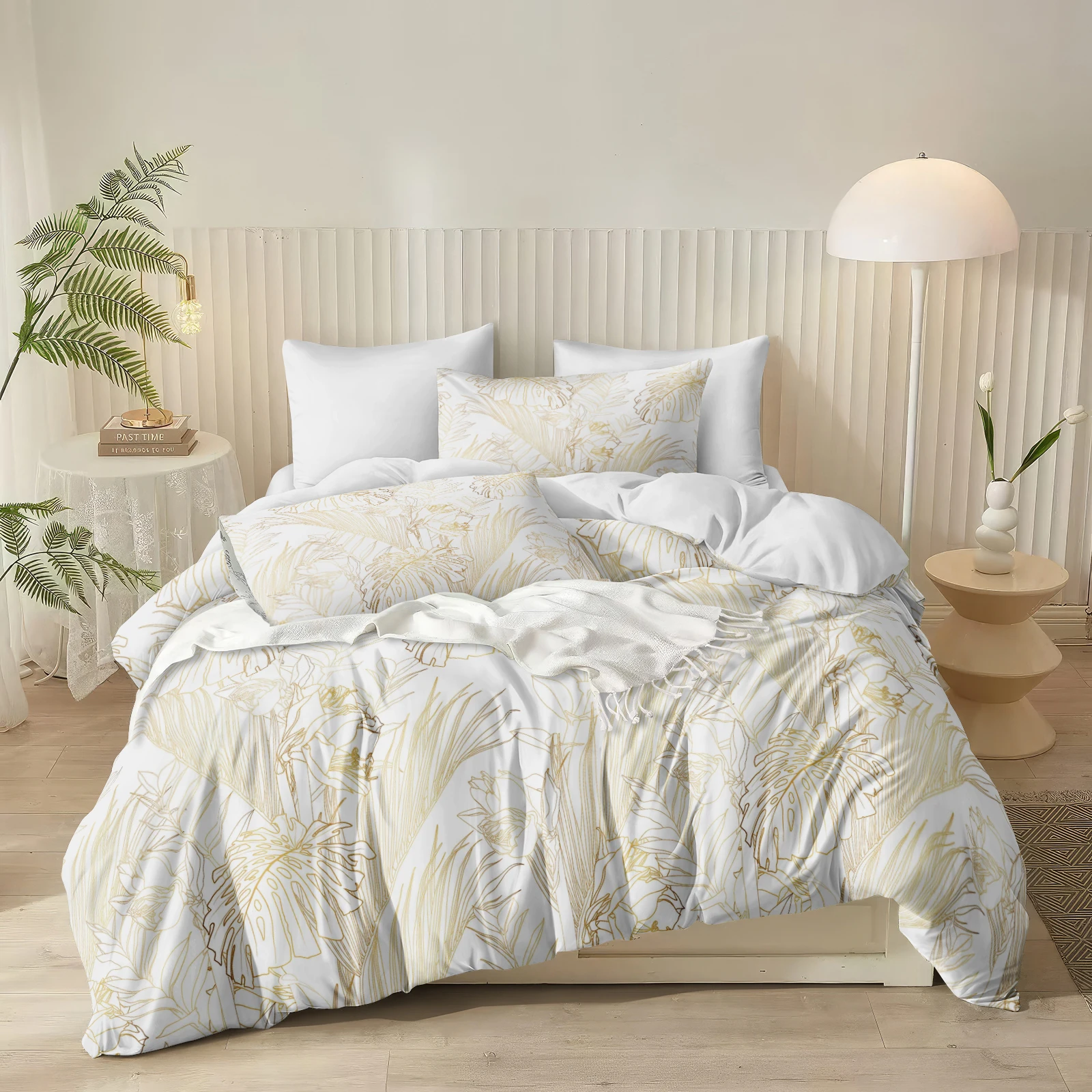 Luxury Gold Quilt Cover European Exotic Bedding Set Tropical Palm Leaf Floral Pattern All Season with 2 Pillowcases