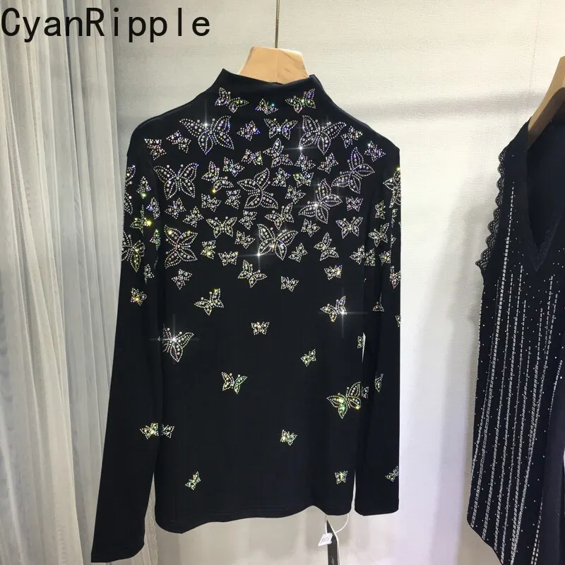 

2026 New Spring Autumn Half High Collar Women Pullover Top Luxury Butterfly Hot Diamonds Large Size Long Sleeve Cotton T-shirt