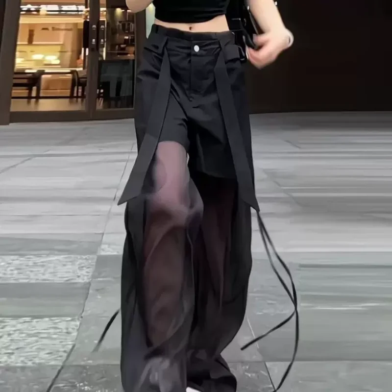 بنطال Y2K نسائي واسع الساق من القماش الشفاف باللون الأسود لعام 2025 - شورت مزيف مكون من قطعتين مع أشرطة، ملابس خروج منفعلة لربيع وصيف #1