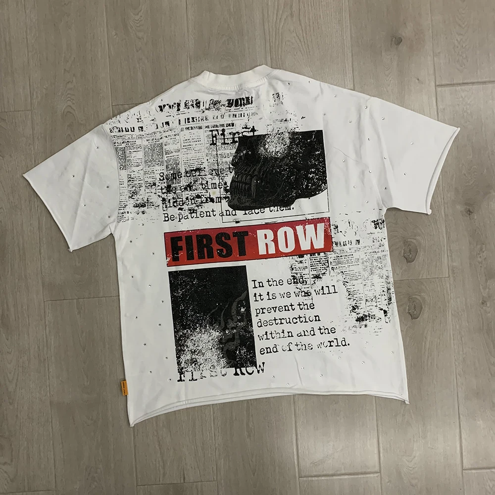 Streetwear Vintage Washed Diamond Cropped Tee for Men Crew Neck Short Sleeve Loose Cotton Rhineston Tshirts Oversized image 4
