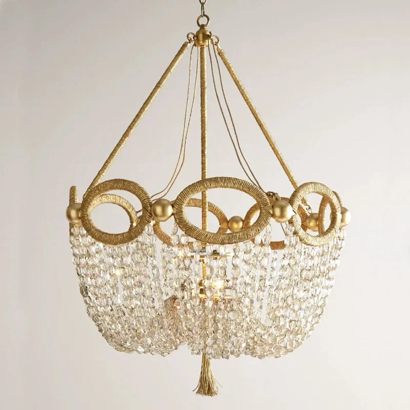 Gold And Crystal Chandelier Light Hemp Rope Crystal Beaded Hanging Kitchen Light Fixtures Russia D55*H68Cm 4 Candle Lights