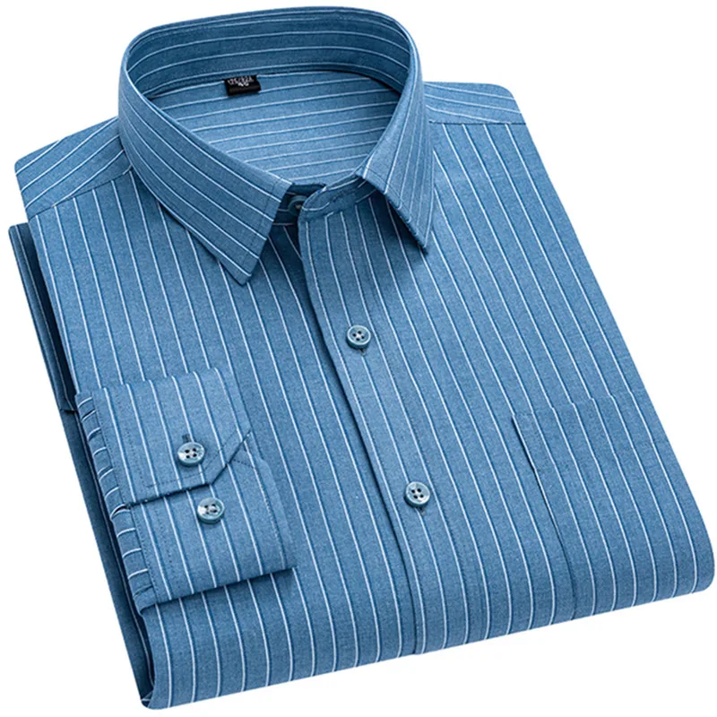 Luxury Mens Business Shirts New Design Spring Loose Soft Solid Plaid Smart Causal Pink White Regular Fit Thin Stripe Man Clothes