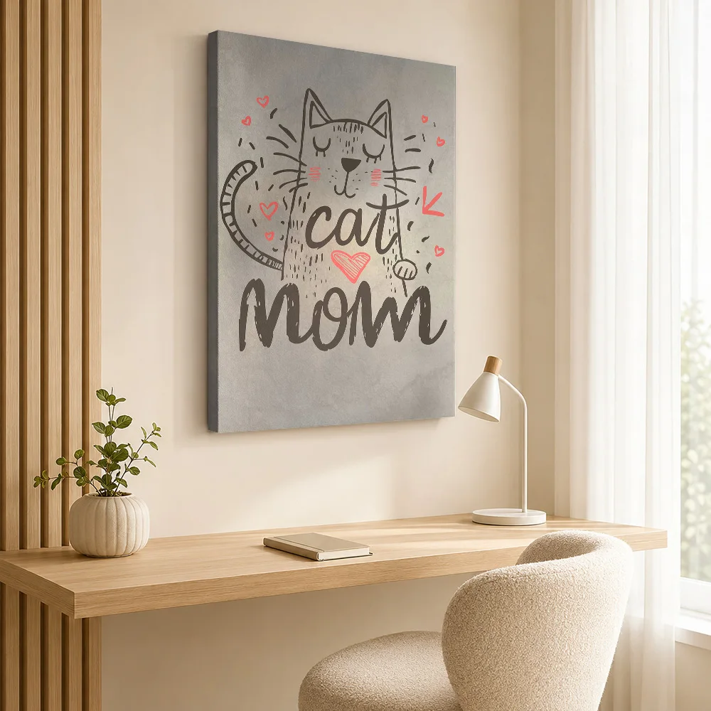 Cat Mom Typography Quote Wood Framed Canvas Print Personalized Photo Statement Lettering Wall Art For Home Office Birthday Gift