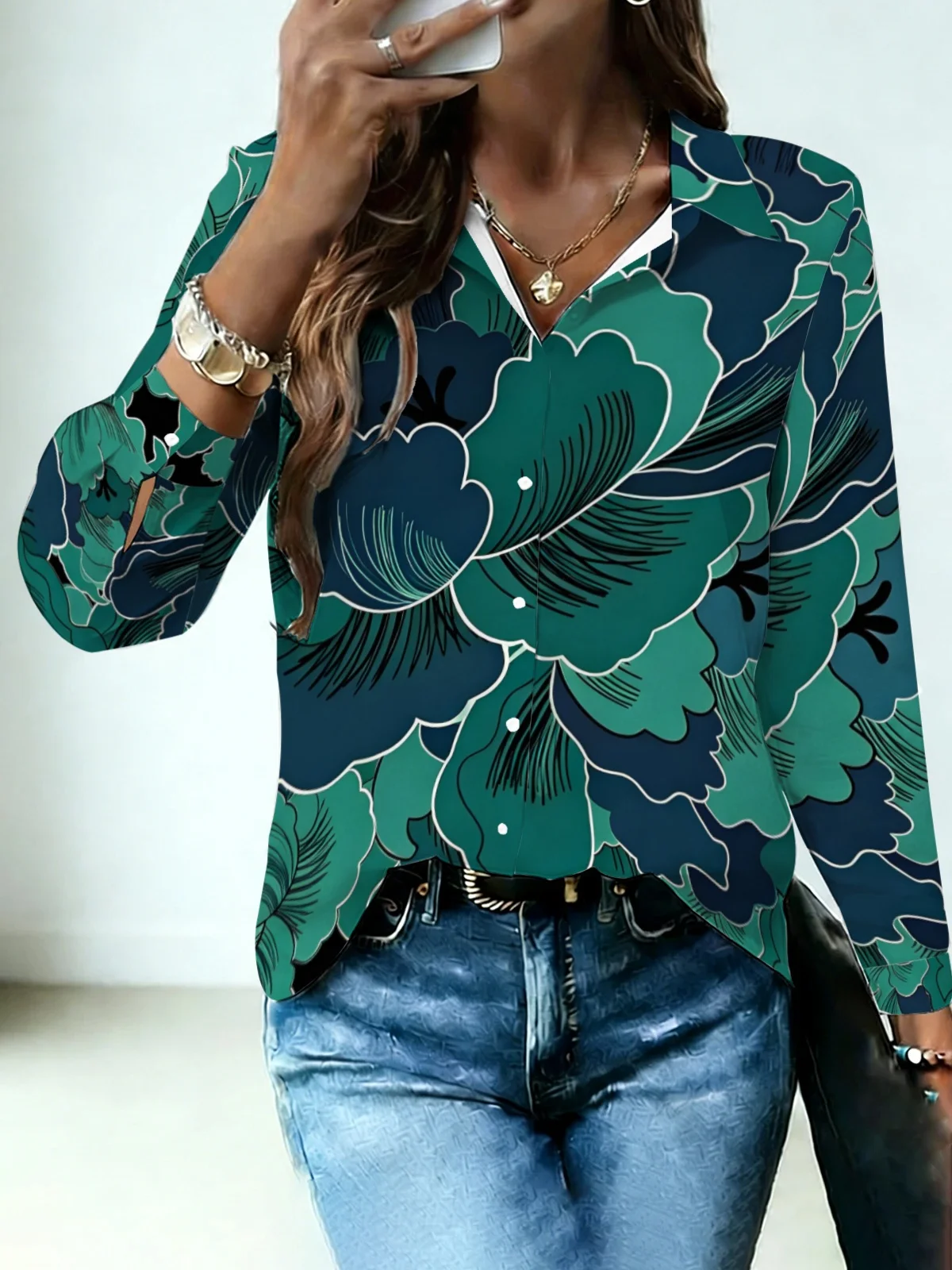 Boho Retro Large Petal Floral Print Women Lapel Blouse Dark Teal Gradient White Line Outline Flower Long Sleeve Shirt Autumn Tra