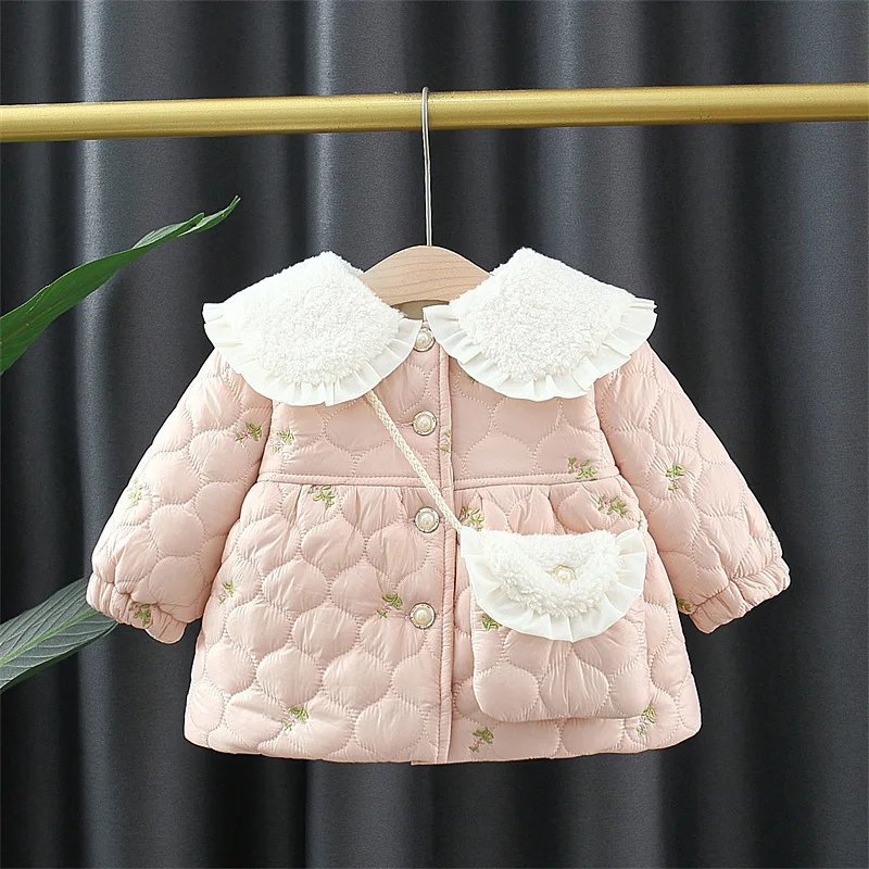 Veste de style coréen pour bébé fille, manteau et sac pour nouveau-né, vêtements pour enfants, col beurre sourire mignon, mode automne et hiver,