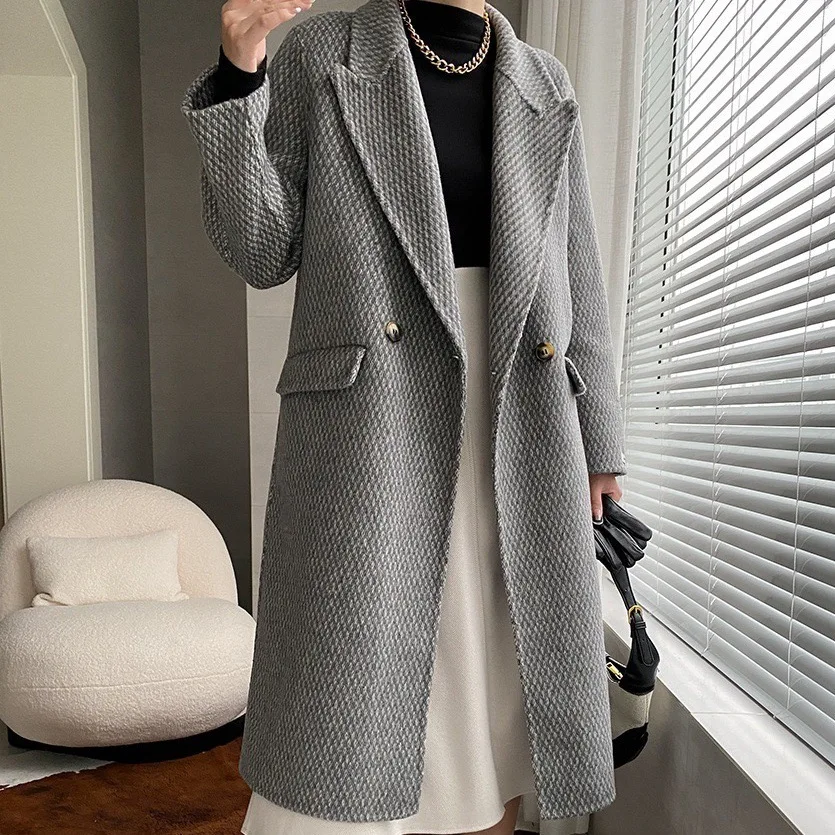 Suit alpaca woolen coat for women, Hepburn style high-end double-sided cashmere coat, spring/autumn/winter 2024, new