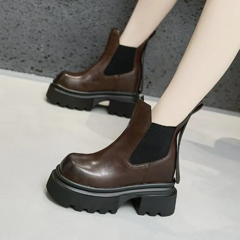 

Зимние женские кожаные ботильоны на массивной платформе 10 см, осенние высокие ботинки на толстой нескользящей подошве, мотоциклетные ботинки