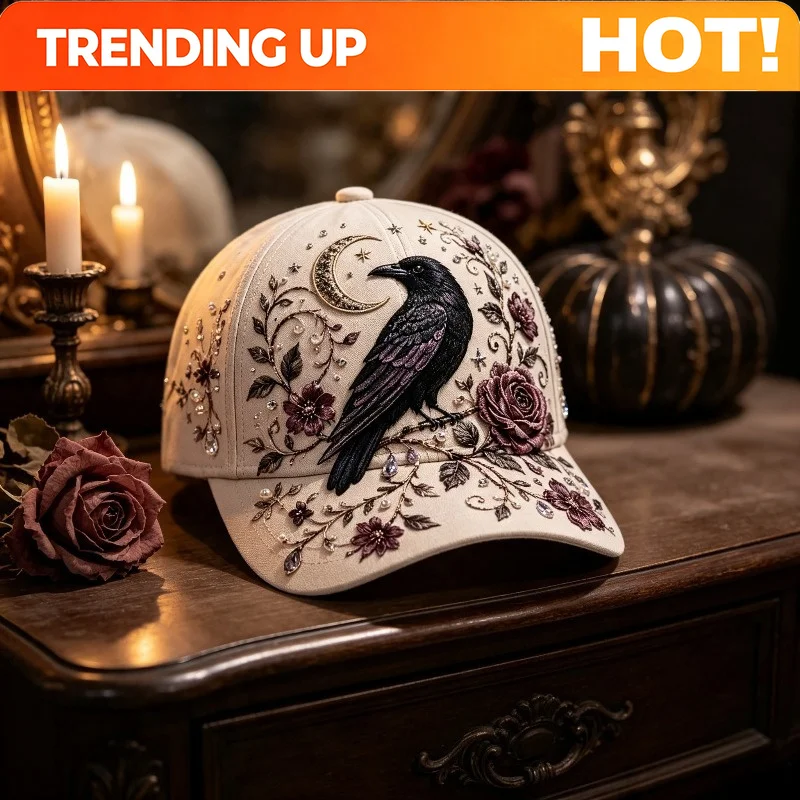 Custom Beige Vintage Baseball Cap, Gothic Crow Crescent Moon Purple Rose Floral Printed Dad Hat, Mystical Star Vine Pattern Casu