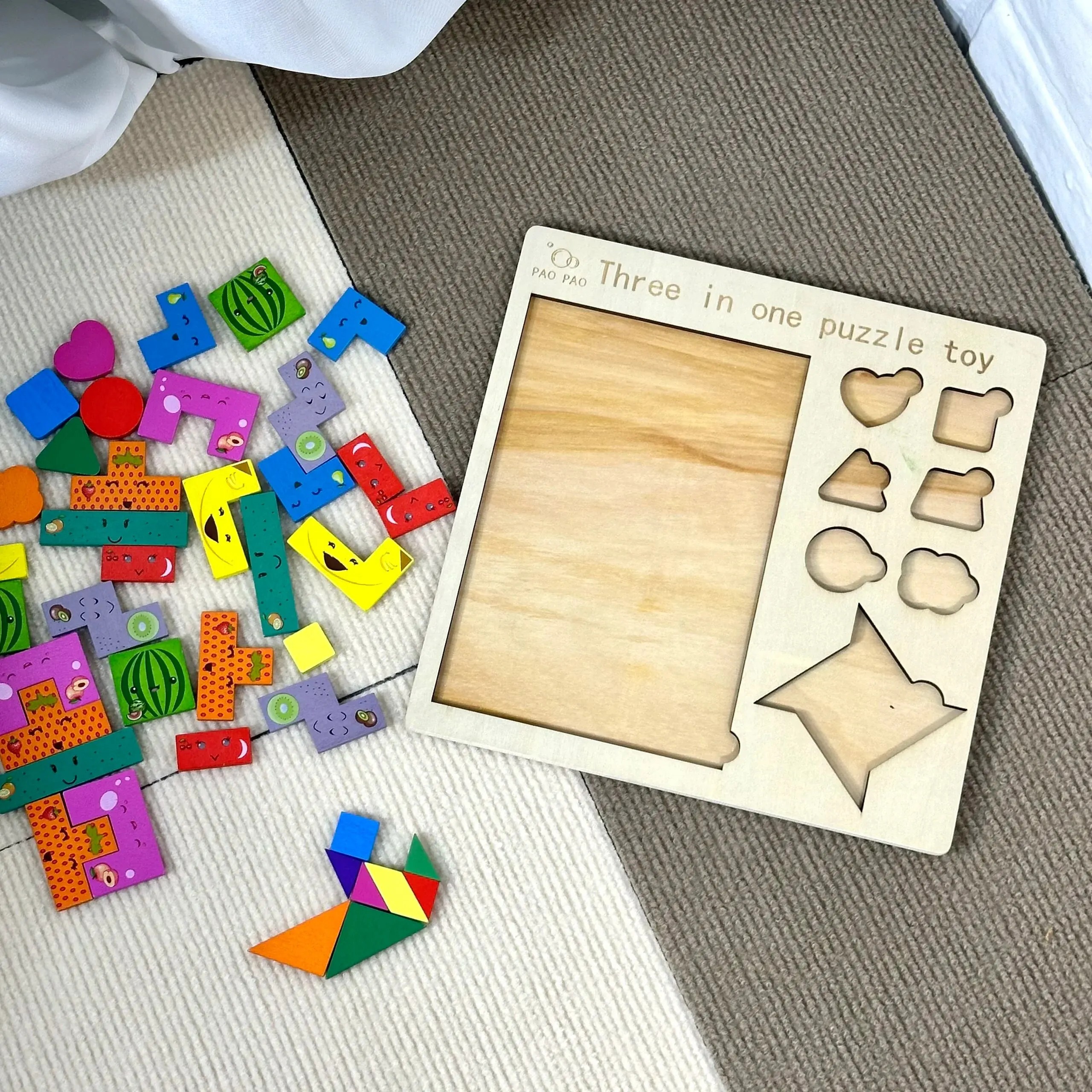 3 In 1 Puzzle Baby Toddler Toys Early Education Wood Colored Toys 3D Wooden Fruit Jigsaw Shape Cognition Tangram Game