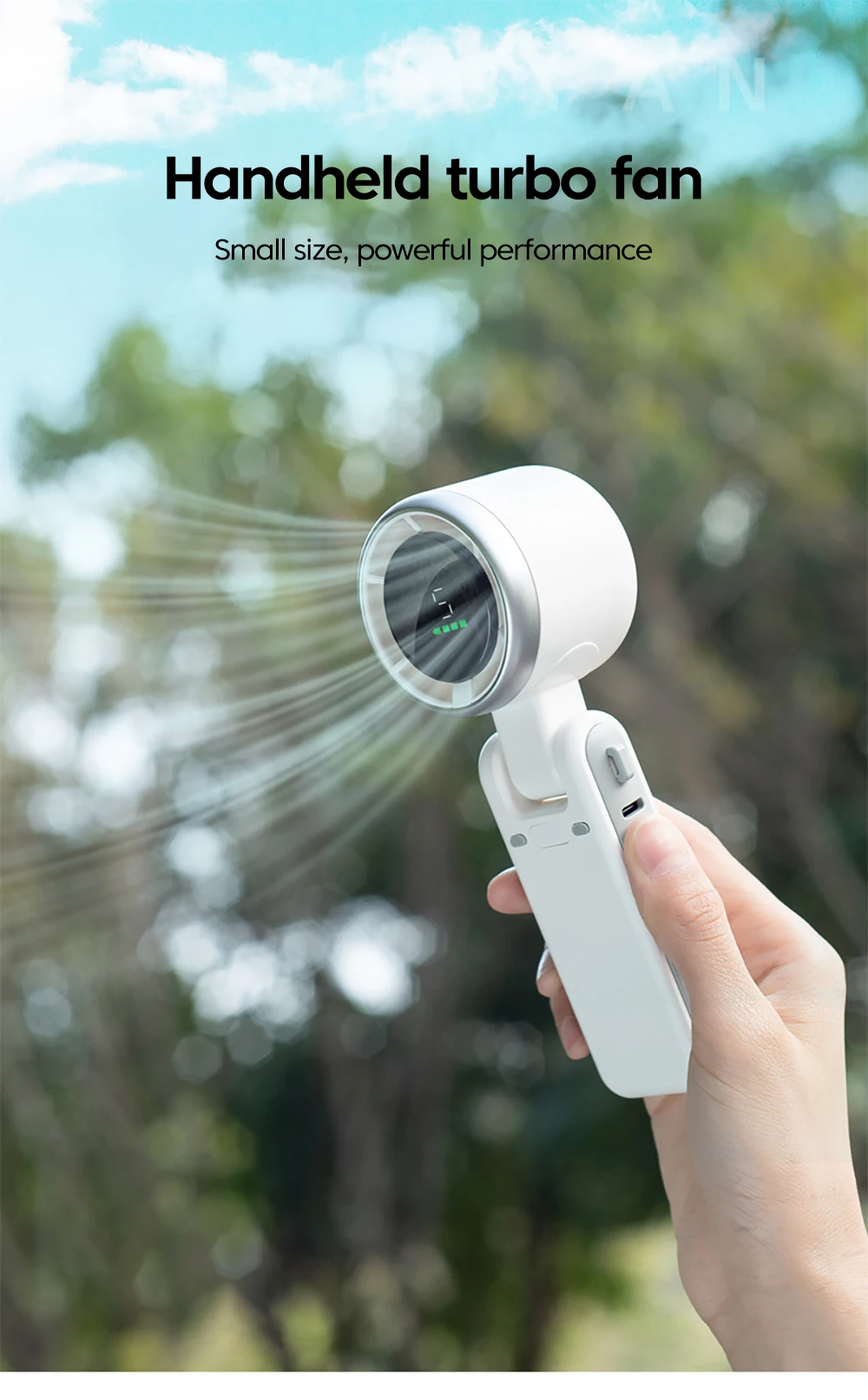 Tragbarer Mini-Handventilator, elektrisch, 5-Gang-verstellbar, 3600 mAh, wiederaufladbarer Akku für Reisen, Camping, USB-Aufladung, faltbarer Ventilator – Detail 1