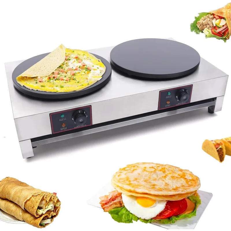 Máquina para hacer crepes comercial de 16 pulgadas, máquina eléctrica para hacer tortitas con doble sartén, placa calefactora redonda antiadherente para crepé