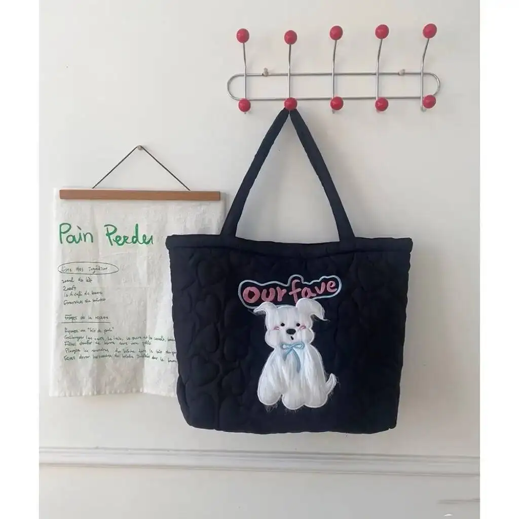 Bloom Haruku Pink Large Capacity Tote Bag Women Sweet Cute Puppy Embroidery Handbag Hot Girls Retro Shoulder Bags Aesthetic