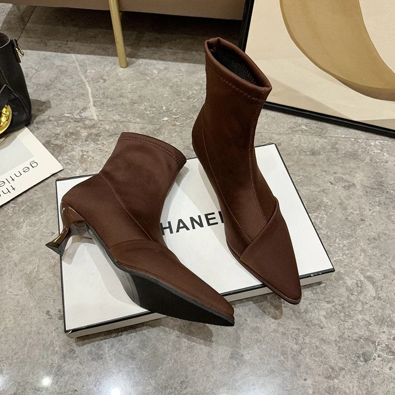 מעצב נשים דק עקב מתיחה גרב מגפי 2023 סתיו wniter אלגנטי עקבים גבוהים סאטן הצביע נשים נעלי נשים