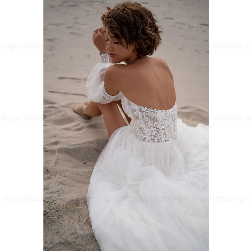 ANGEL Customized Beach Strapless Wedding Dress for Woman Romantic High Split A-line Bridal Gown Elegant Tulle Vestido De Noiva