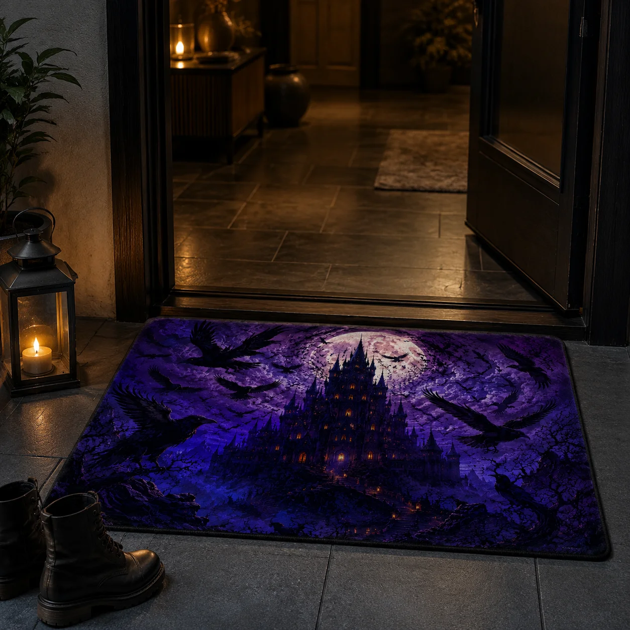 VIKAMA Crow Bat Full Moon Halloween Doormat Non Slip Indoor Outdoor Rug Dark Spooky Front Entrance Welcome Decor Door Mat