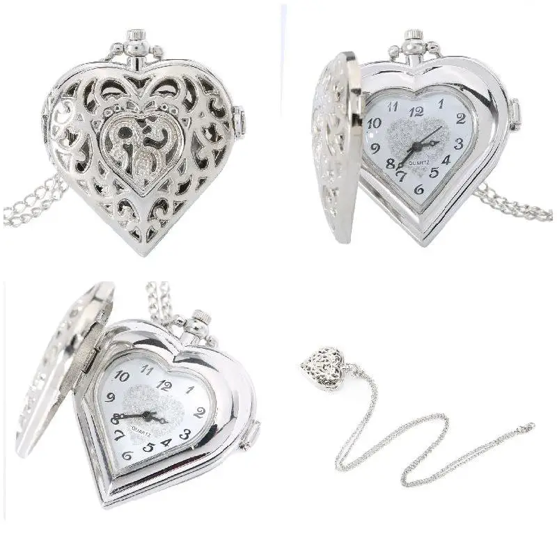 Fashion Silver Heart Shaped Lovely Hollow Elegant Quartz Pocket Watch Necklace Pendant for Women Ladies Girl Birthday Gift