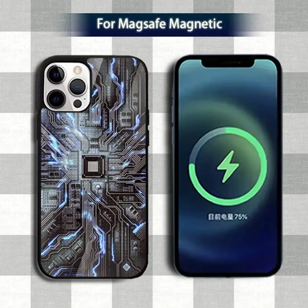 Custodia per telefono con scheda circuito C artistica stampata per iPhone 13,12,15,17,11,16,14,Pro,Max,Plus,Mini,Magsafe, custodia di ricarica wireless magnetica