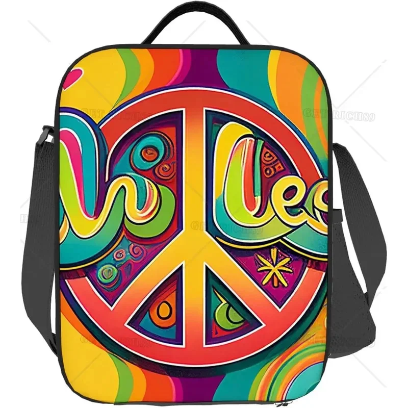 Peace and Love on Colorful Background Portable Lunch Bag Insulated Lunch Box Reusable Totes for Women Men Work Picnic Camping