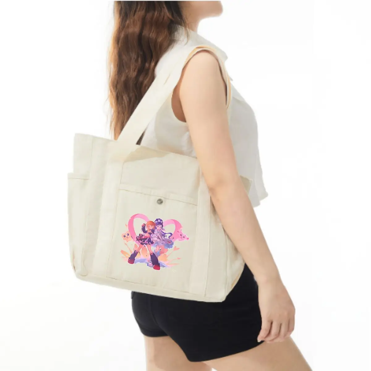 Magical Girl Duo Illustration Large Capacity Canvas Tote Bags Work Commuting Carrying Bag College Style Student