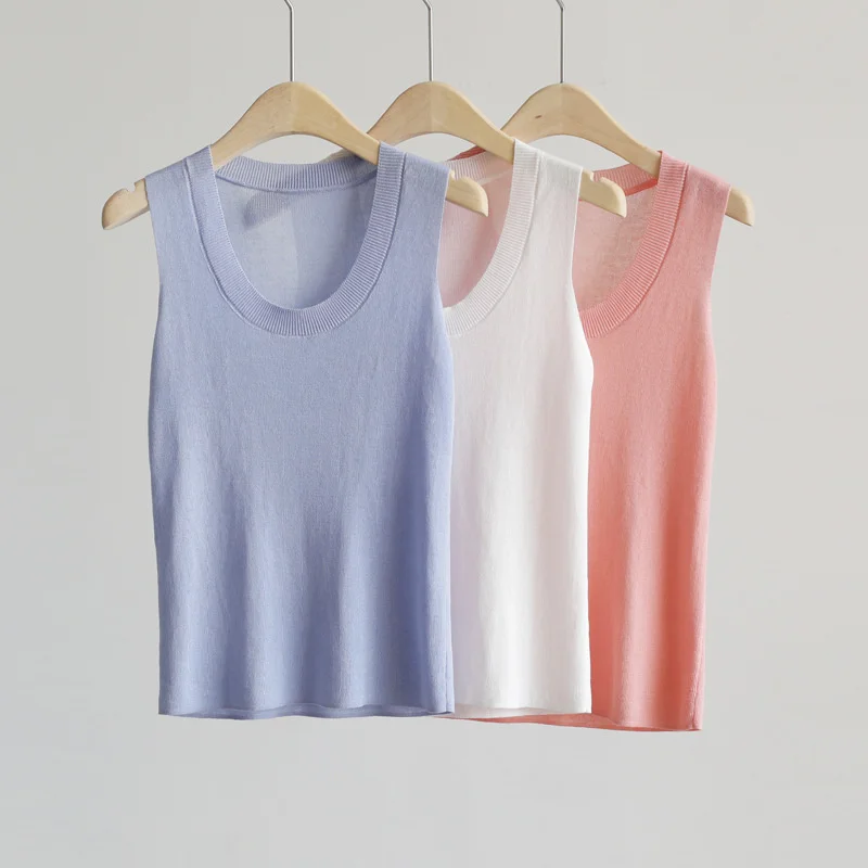 Spring Summer Women Knit Tank Top U-neck Sleeveless Thin Slim Knit Tops Office Lady Solid Korean Tops Top Quality Material