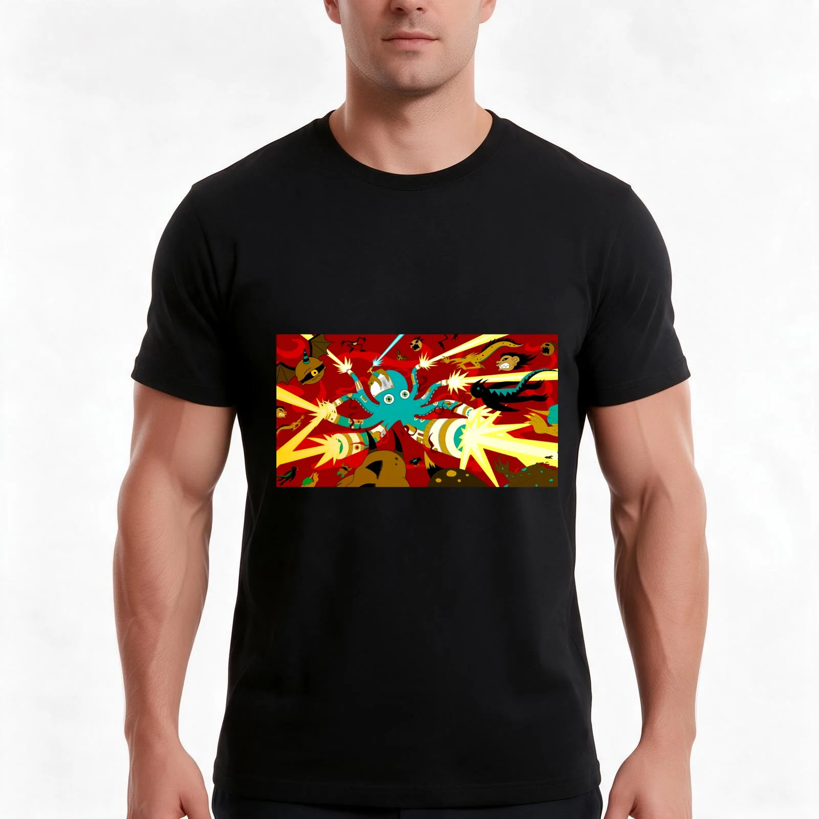 Cyborg Octopus T-Shirt, Summer Casual Cotton Tee, Oversized Streetwear Tops, Vintage Graphic Print, Loose Fit Short Sleeve