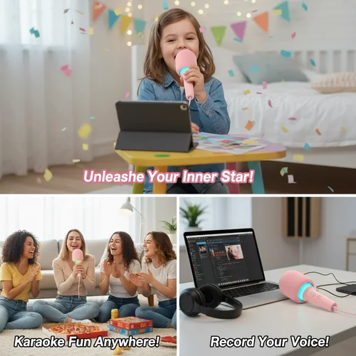 Imagen 2 del producto Micrófono de Karaoke Inalámbrico con Altavoz, BT 5.3 Sin Ritardo, Altavoz de 52 mm Sin Howling, Micrófono Portátil para Cantar con Luces