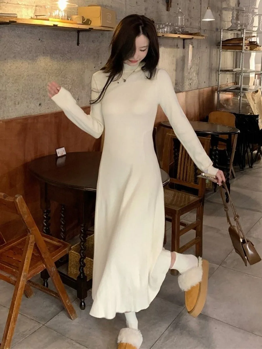 Vestido feminino de malha evasê emagrecedor em damasco francês elegante meia panturrilha semi-gola alta longo vestido de camadas quente para outono inverno