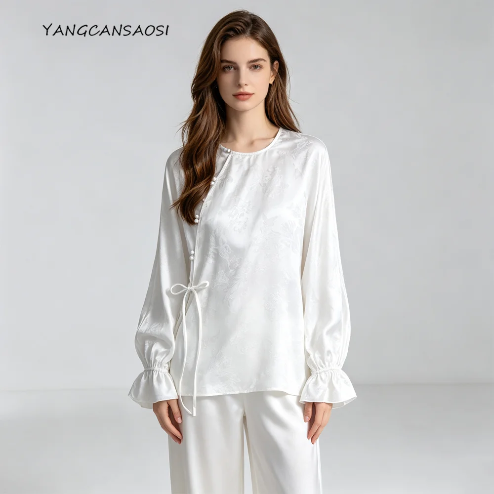 Women's Fashion Autumn New 100% Natural Mulberry Silk SangBo Satin White Jacquard Diagonal Collar Round Neck Long Sleeve Shirt