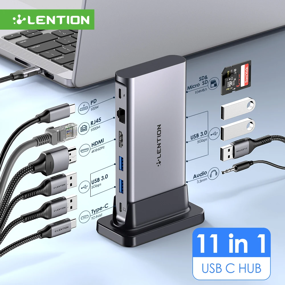 

LENTION USB C HUB Docking Station 10 IN 1 4K60Hz HDMI PD100W Card Reader Type-C USB 3.0 Adapter for New MacBook Pro Air Laptop