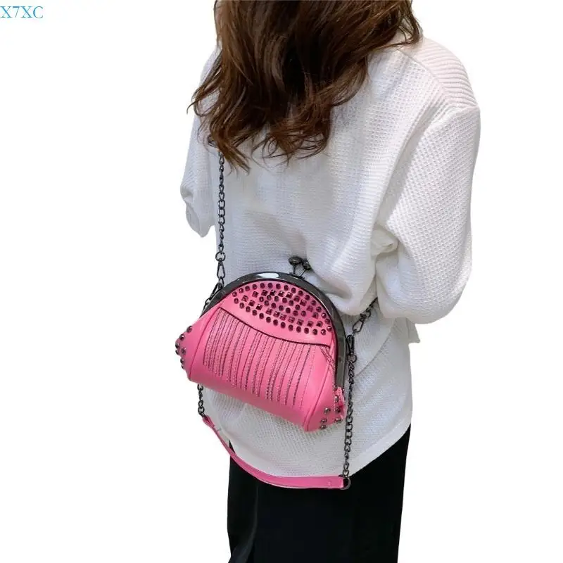 

X7XC Women Chain Handbag Purse Korean Shoulder Bag Tassels Rivets Crossbody Bag