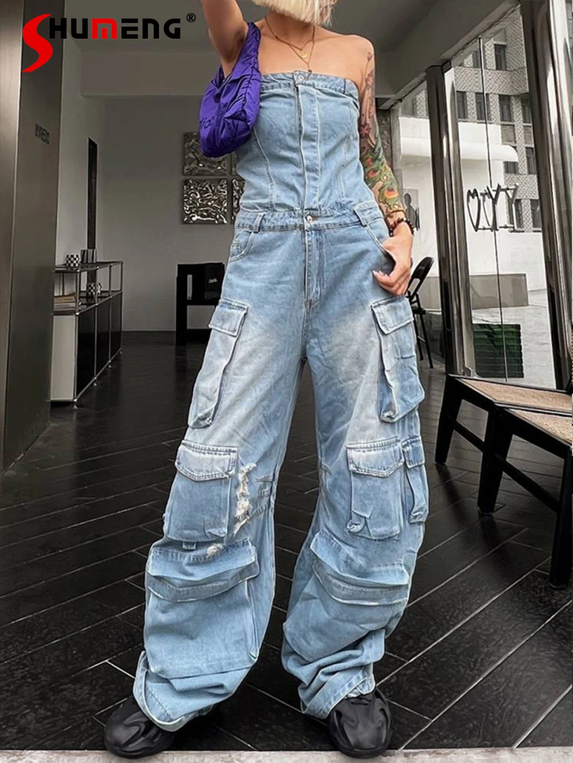 2024 New Denim Jumpsuits Fashion Street Style Tube Tops Waist-Tight Hot Girl Multi-Pocket Denim Jumpsuit Women's Clothes