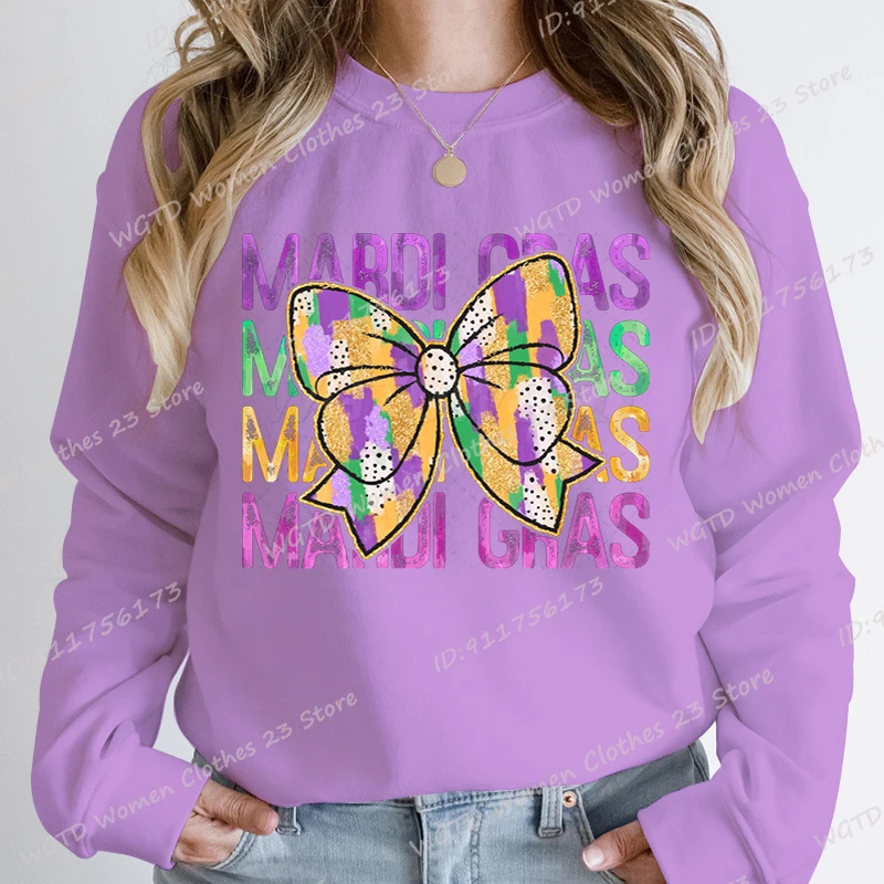 Bow Mardi Gras Print Pullovers For Women Autumn And Winter Casual Crew Neck Loose Tops Ladies Hoodless Pullover Women Sweatshirt