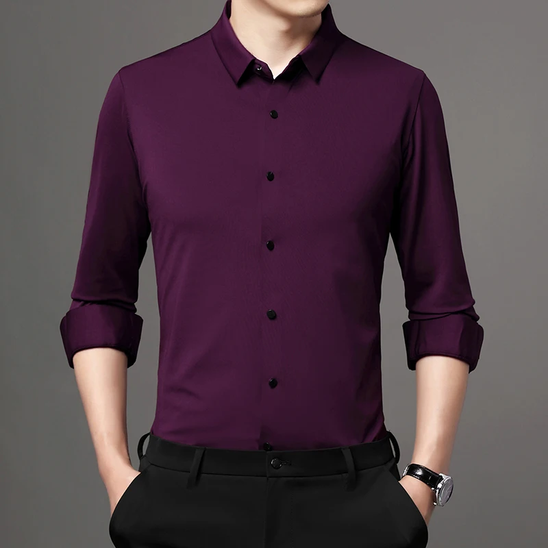 

2023 Gentleman Business Shirts For Mens Regular Fit Mens Clothing Large Sizes Blouses Purple Red Work Office Wear Hudband Dress