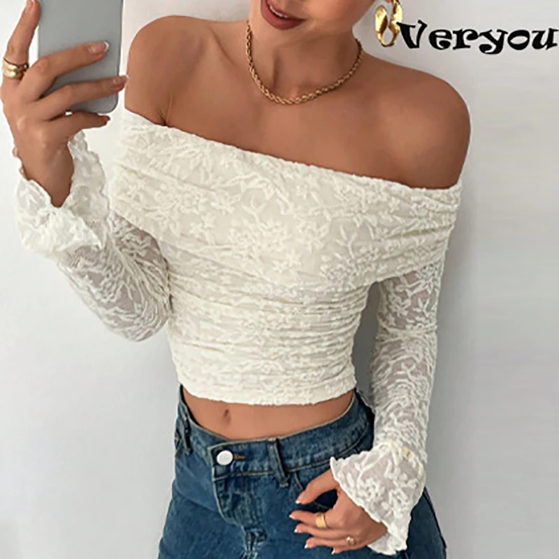 Frauen Off Schulter Tops Langarm Slim Fit Tops Und Bluse Casual Sexy Elegante Spitze Shirts Für Frauen